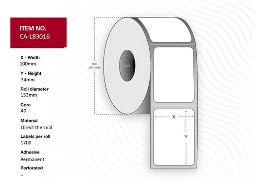 Capture CA-LB3016 Printer Labels – White, Direct Thermal, 100x74mm, 1700 Labels per Roll