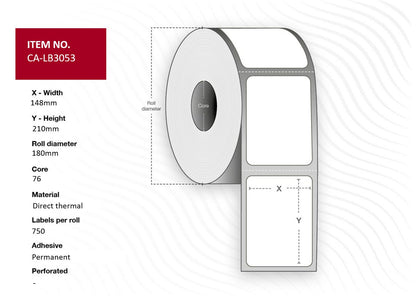 Capture CA-LB3053 Printer Labels – White Direct Thermal Roll 148x210mm 750/roll