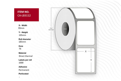 Capture CA-LB3112 Printer Labels – White, Direct Thermal, 99x105mm, 1000 Labels per Roll