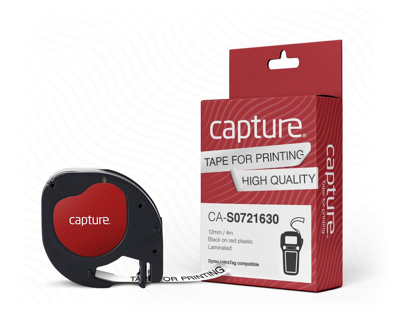 Capture CA-S0721630 Label Making Tape – 12mm x 4m Black on Red Plastic