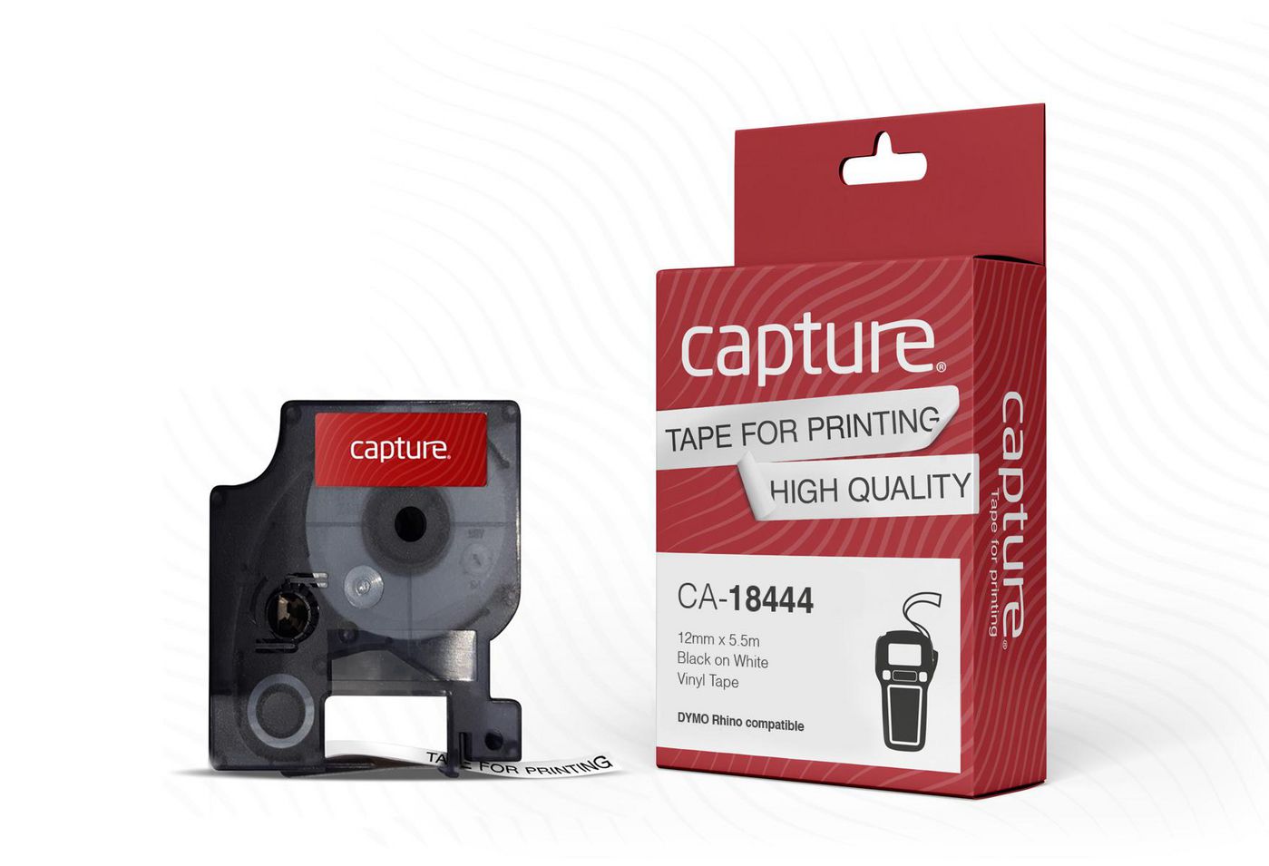 Capture CA-18444 Label Making Tape – 12mm x 5.5m Black on White Vinyl