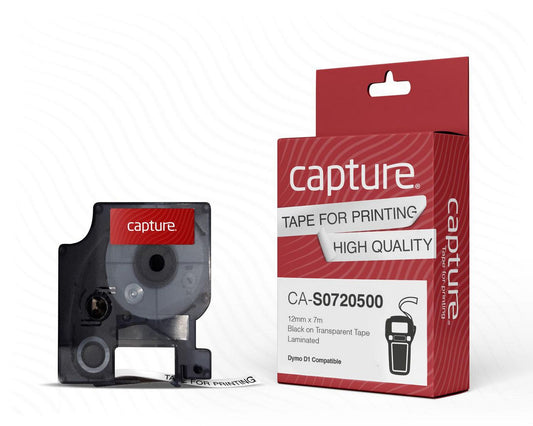 Capture CA-S0720500 Label Making Tape – Black on Transparent 12mm x 7m Polyester