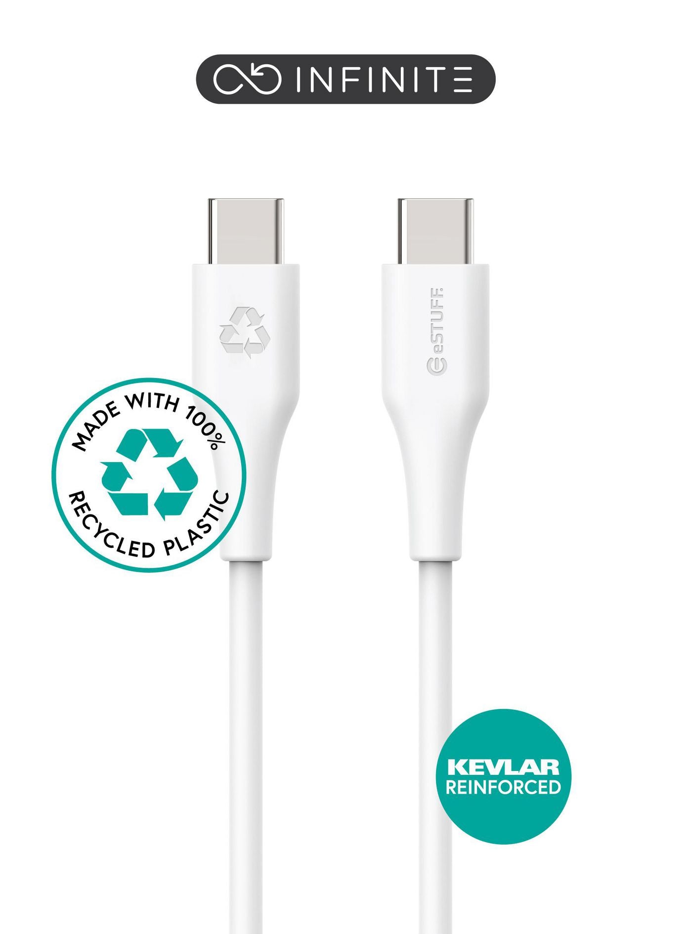 eSTUFF ES604370-BULK INFINITE Super Soft USB-C to USB-C Cable 3m – 100% Recycled, PVC-Free, 60W Power Delivery