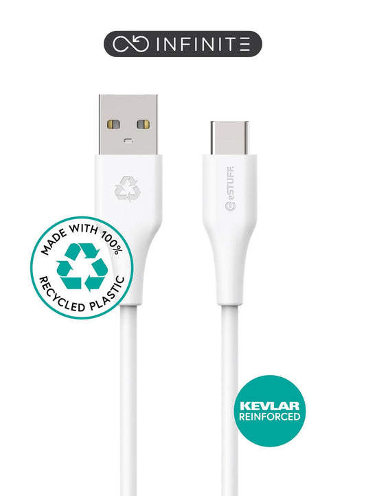 eSTUFF ES605270 INFINITE Super Soft USB-C to USB-A Cable 2m – 100% Recycled, PVC Free, 60W, White