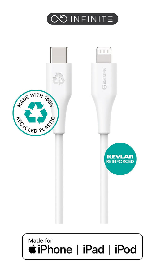 eSTUFF ES602170-BULK INFINITE Super Soft USB-C to Lightning Cable 1m – White, 100% Recycled, MFI Certified