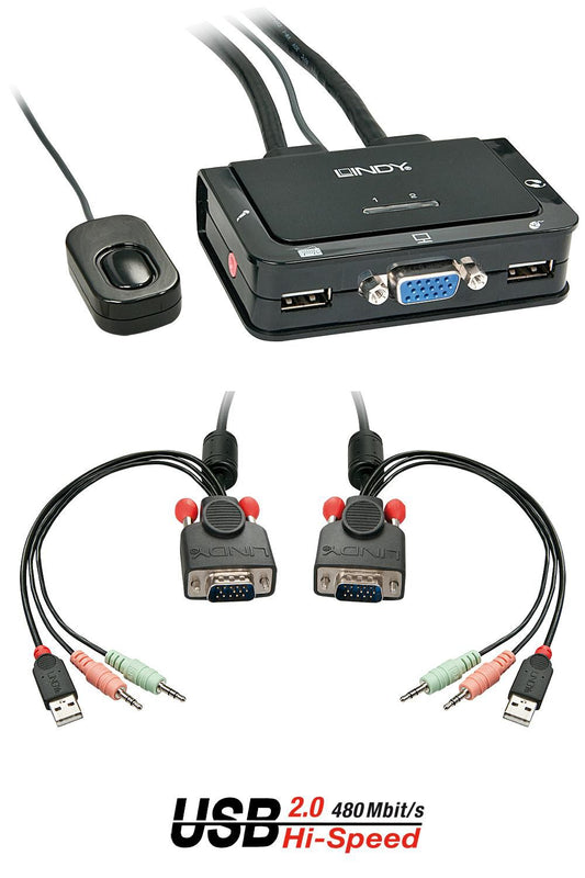 Lindy 42342 2 Port VGA USB 2.0 Audio KVM Switch with Integrated Cables