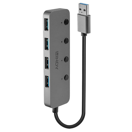 Lindy 43309 4 Port USB 3.0 Hub with On/Off Switches – SuperSpeed 5Gbps, Grey
