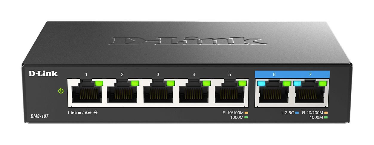 D-Link DMS-107/E 7-Port Multi-Gigabit Unmanaged Network Switch – Metal, Fanless