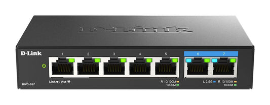 D-Link DMS-107/E 7-Port Multi-Gigabit Unmanaged Network Switch – Metal, Fanless