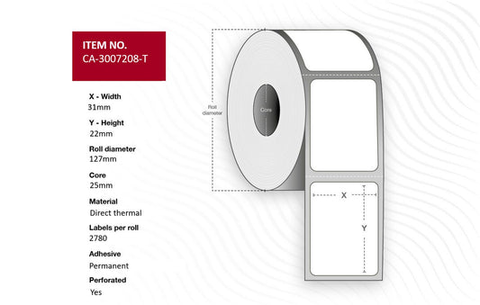 Capture CA-3007208-T Printer Labels – 31x22mm Direct Thermal, 2780/Roll, 12 Rolls