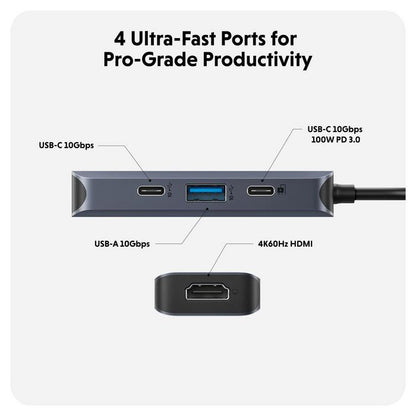 Hyper HD4001GL USB-C Hub – 4-Port 4K HDMI 100W PD 10Gbps Aluminium