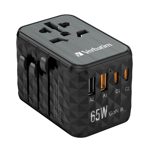 Verbatim 32120 UTA-05 65W GaN III Universal Travel Adapter – 2x USB-C PD, 2x USB-A, Black