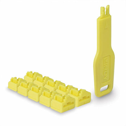 Lindy 47900 RJ45 Port Locks Yellow – 10 Pack with 1 Key | CE, RoHS, UKCA Certified