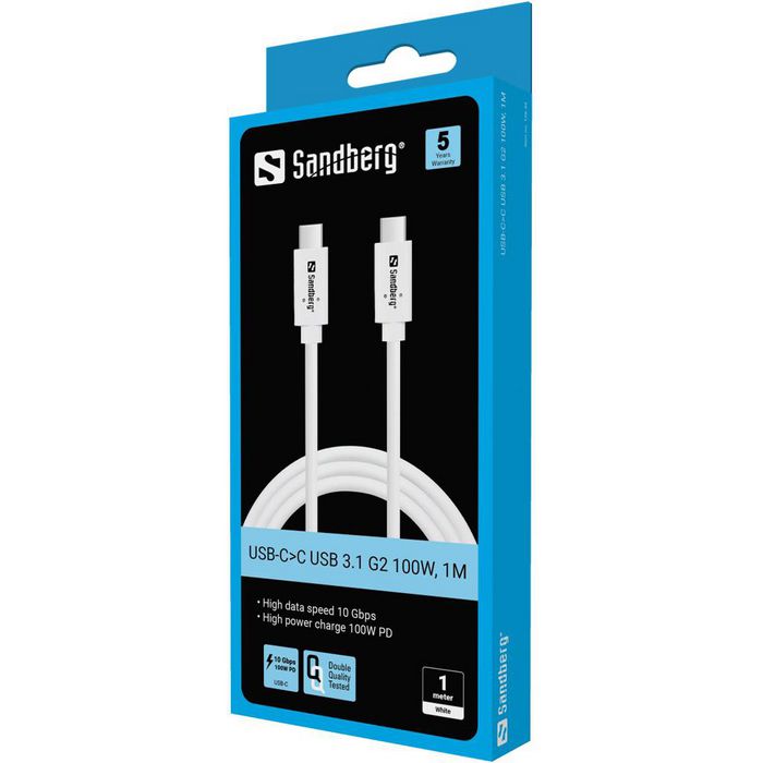Sandberg 136-53 USB-C to USB-C Cable 1m – 100W Power Delivery, USB 3.2 Gen 2, 10Gbps, White