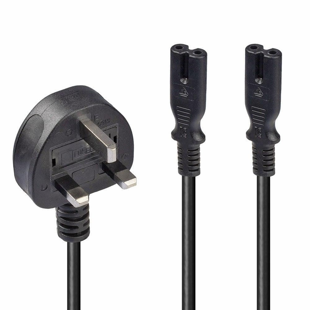 Lindy 30372 Power Cable – 2.5m UK 3 Pin Plug to 2 x IEC C7 Splitter, Black