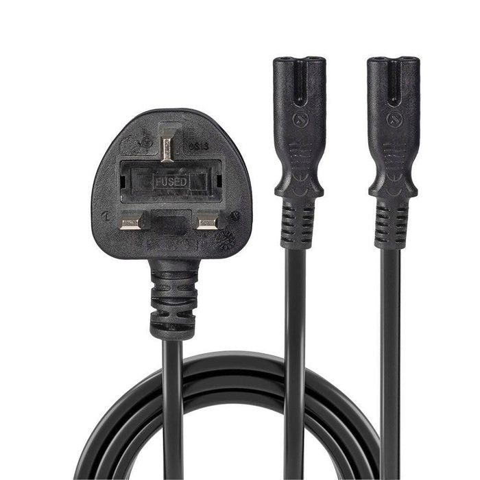 Lindy 30372 Power Cable – 2.5m UK 3 Pin Plug to 2 x IEC C7 Splitter, Black