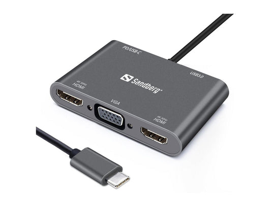 Sandberg 136-35 USB-C Dock – Dual HDMI, VGA, USB, Power Delivery, Aluminium, 4K