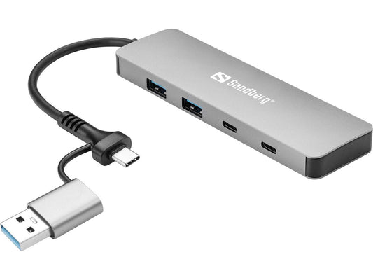 Sandberg 136-64 USB-C/A Hub – 2x USB-A + 2x USB-C, 5000 Mbit/s, Aluminium