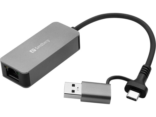 Sandberg 136-68 USB-C/A 2.5 GbE RJ45 Adapter – High-Speed Ethernet, Grey