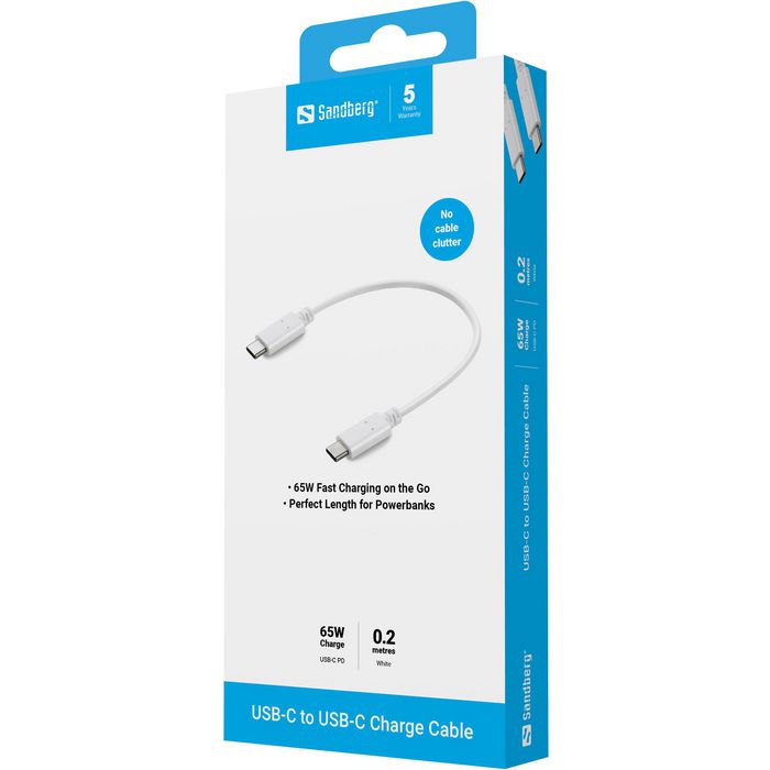 Sandberg 136-30 USB-C Charge Cable 0.2m – 65W Fast Charging White