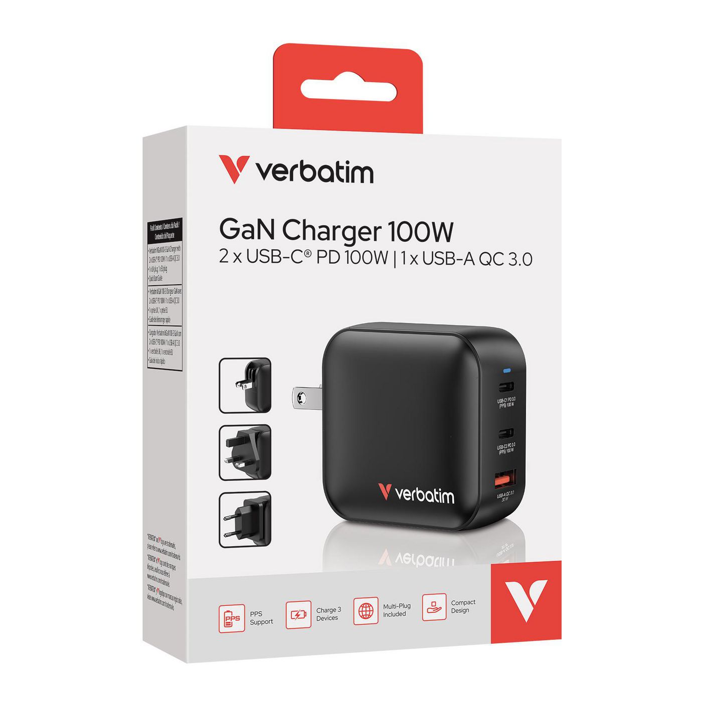 Verbatim 32230 GaN Charger 100W Universal 3-Port AC Fast Charging Black