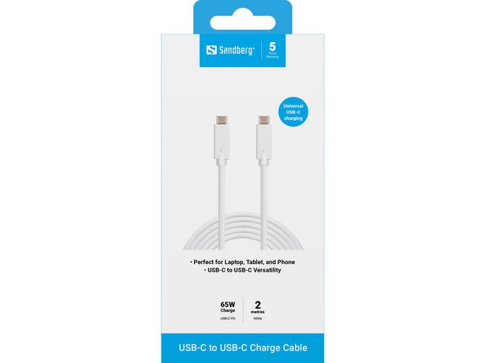 Sandberg 136-17 USB-C Charge Cable 2M – 65W Fast Charging, White