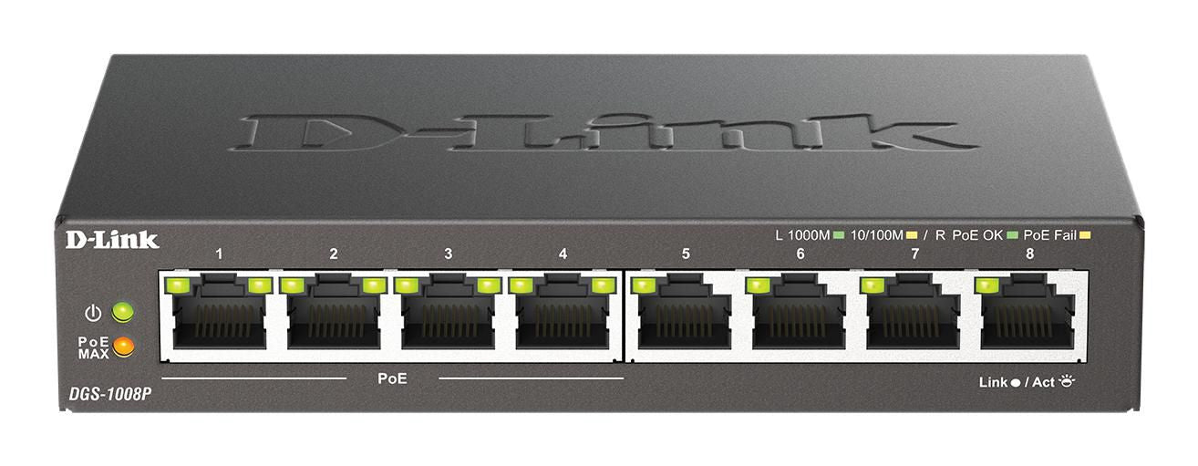 D-Link DGS-1008P/E 8-Port Gigabit Unmanaged PoE Network Switch – L2, Black