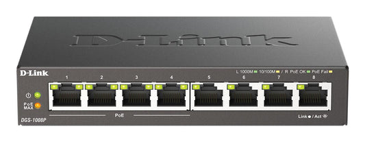 D-Link DGS-1008P/E 8-Port Gigabit Unmanaged PoE Network Switch – L2, Black
