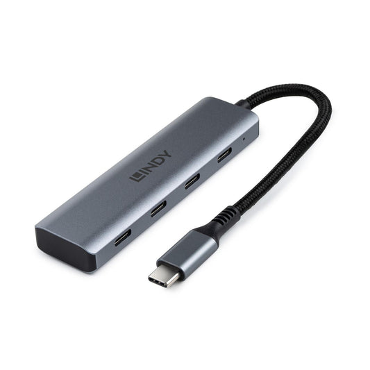 Lindy 43414 4 Port USB 3.2 Gen 2 Type C Hub – 10Gbps Aluminium Grey Compact Design