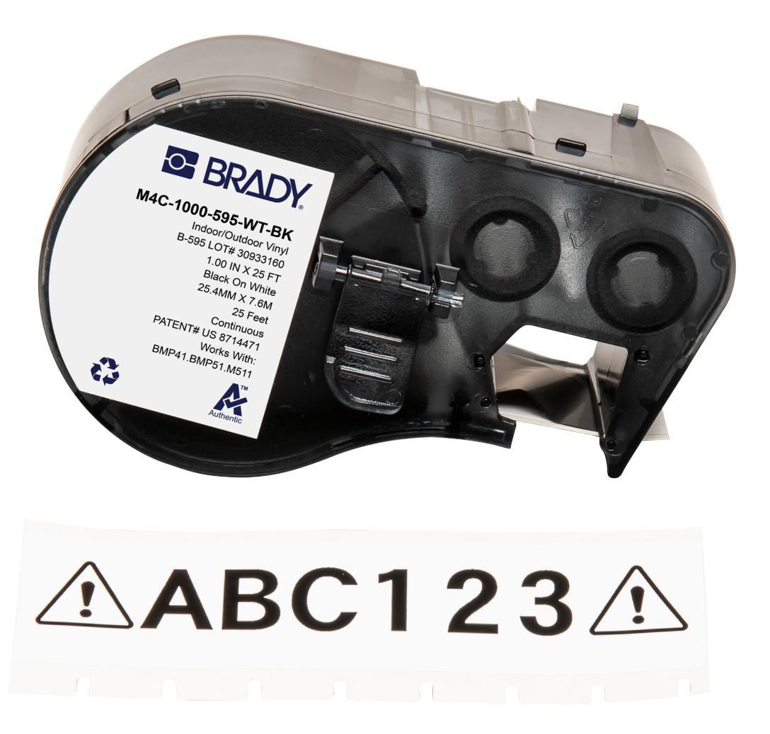 Brady M4C-1000-595-WT-BK Self Adhesive Label Tape – Vinyl, 2.54cm, Black/White