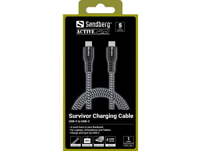 Sandberg 441-38 Survivor USB-C Cable 1M – 100W Kevlar Reinforced, Black/Grey