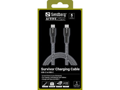 Sandberg 441-38 Survivor USB-C Cable 1M – 100W Kevlar Reinforced, Black/Grey