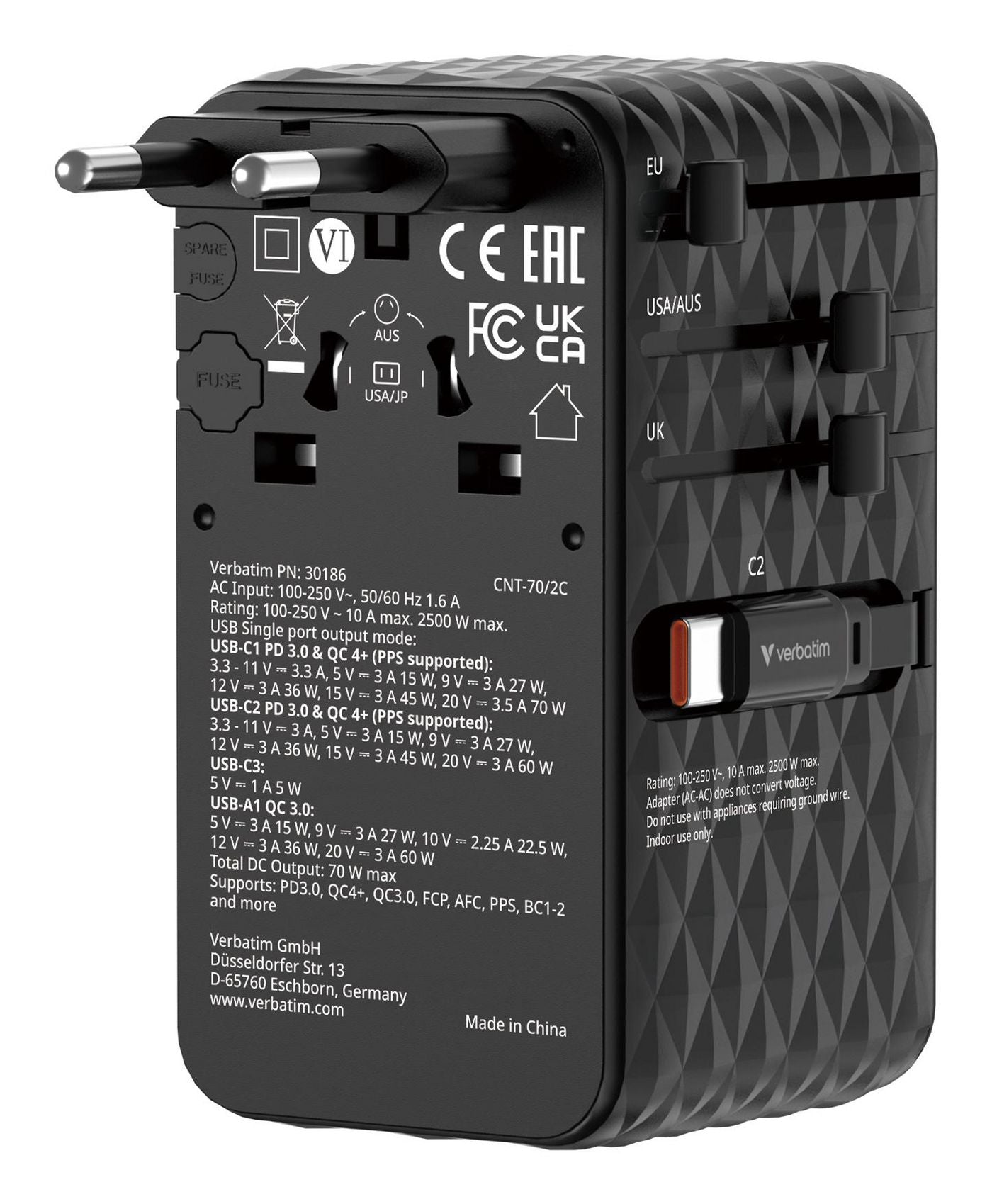 Verbatim 30186 Charge 'n' Travel 70W Universal Travel Adapter – GaN, 2C, Fast Charging, Black