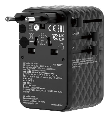 Verbatim 30191 Charge 'n' Travel 100W Universal Travel Adapter Black