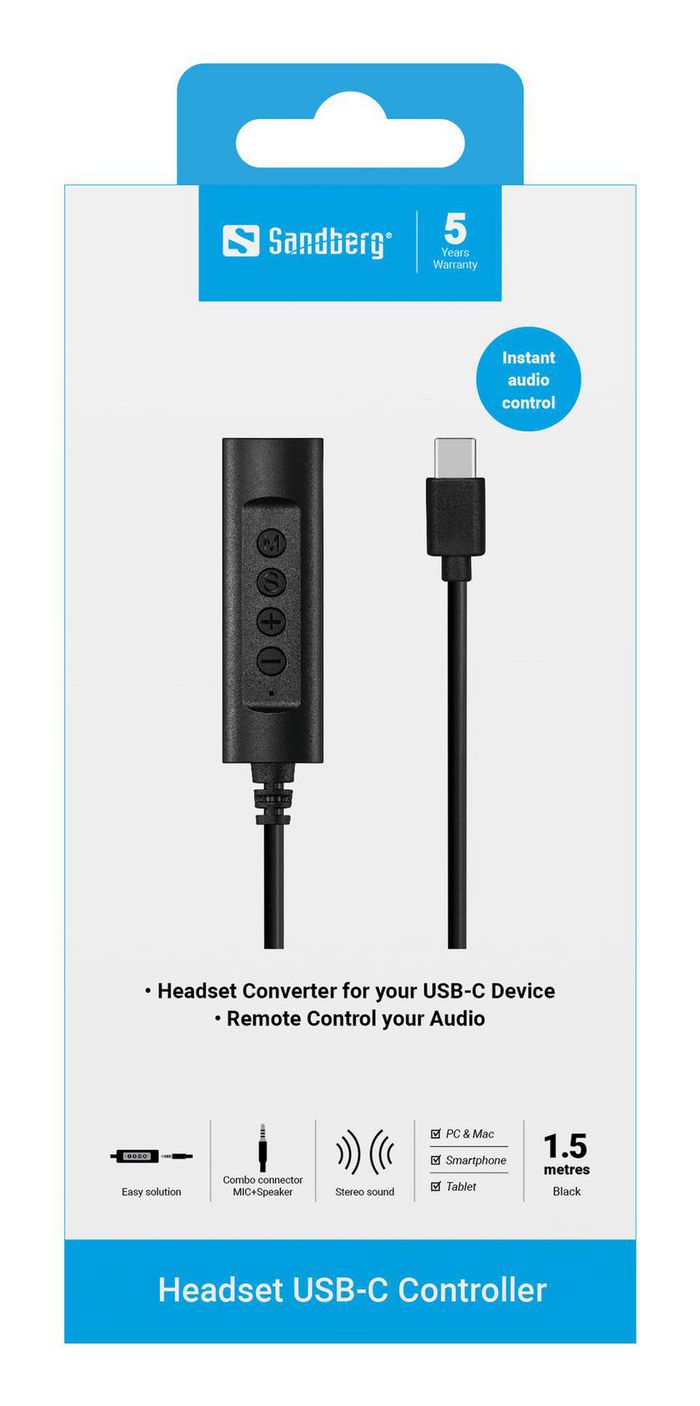 Sandberg 136-73 Headset USB-C Controller – 1.5m Adapter Cable, Black