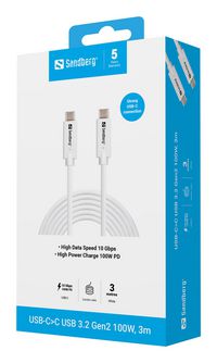 Sandberg 136-75 USB-C to USB-C Cable 3m – 100W USB 3.2 Gen2 10Gbps White
