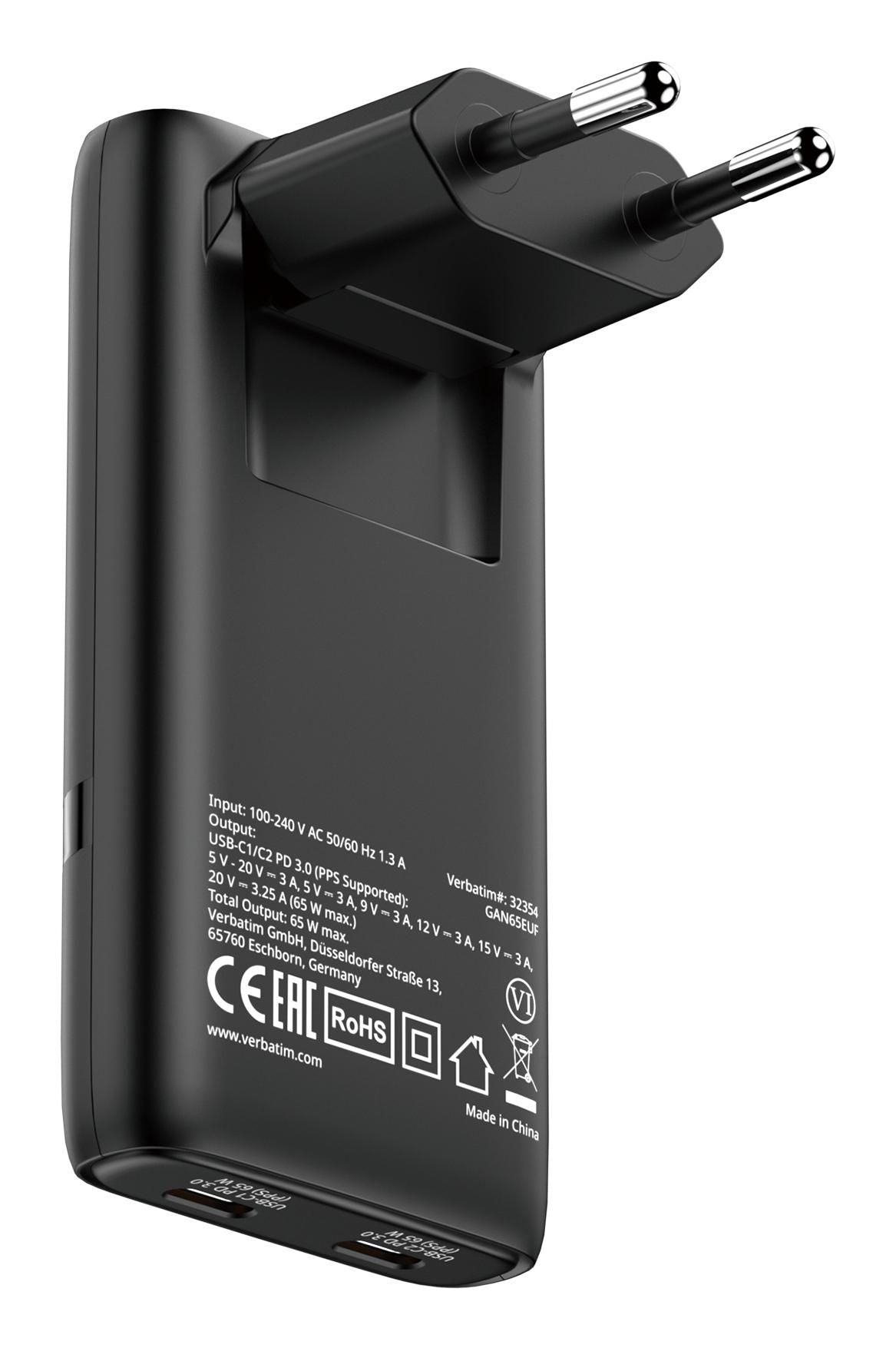 Verbatim 32354 Fold 'n' Go GaN Charger 65W EU Plug Black – Dual USB-C Fast Charging