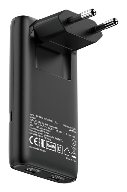 Verbatim 32354 Fold 'n' Go GaN Charger 65W EU Plug Black – Dual USB-C Fast Charging