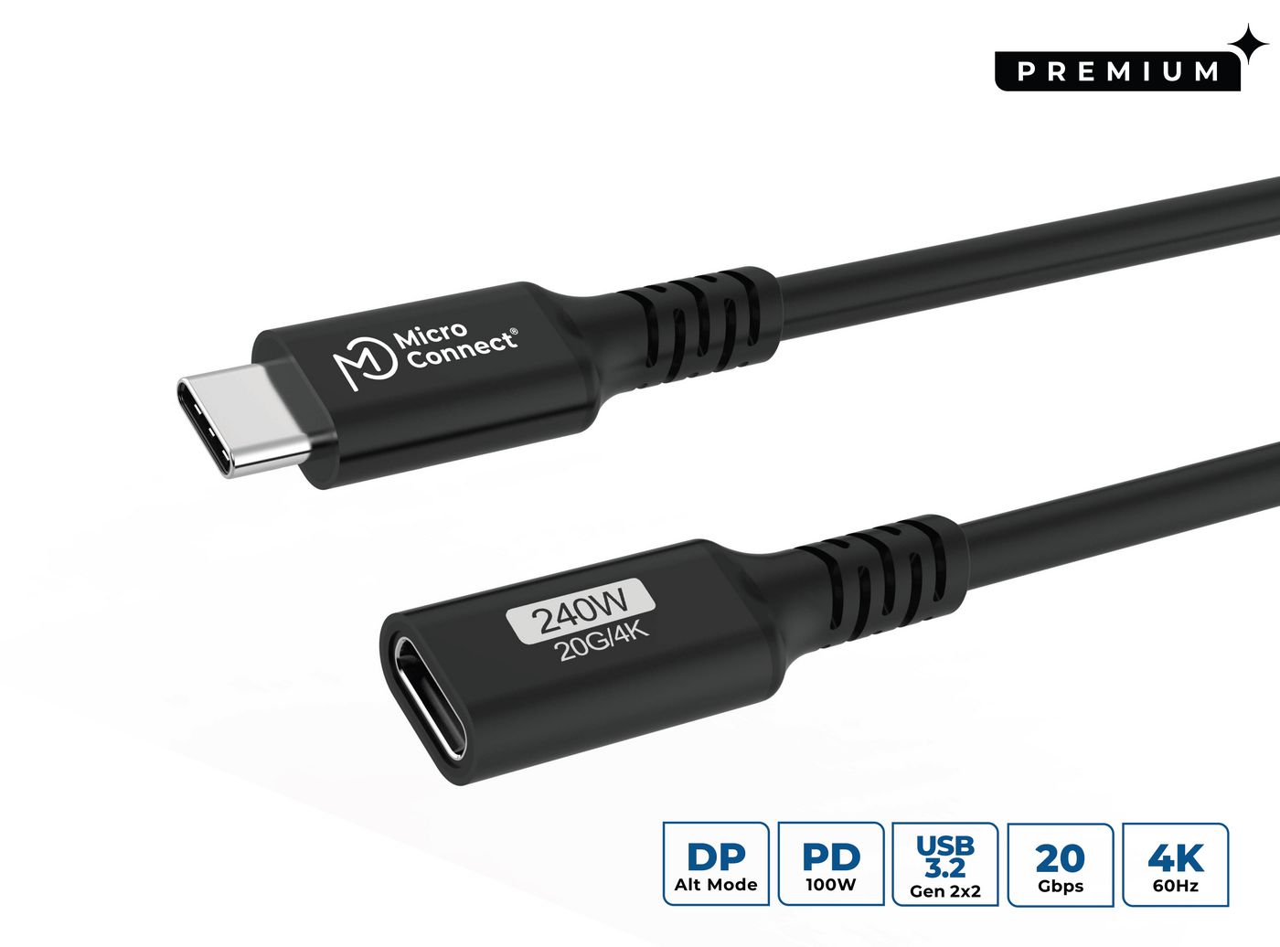 MicroConnect USB3.2CC1.5EX USB-C Extension Cable USB4 Gen 2x2 1.5m 10Gbps 100W Black