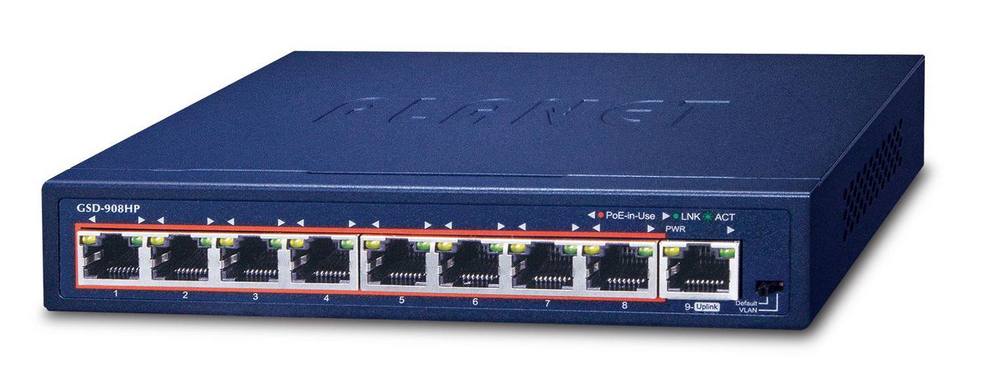 Planet GSD-908HP 8-Port Gigabit PoE+ Desktop Network Switch – 100W, Metal Housing