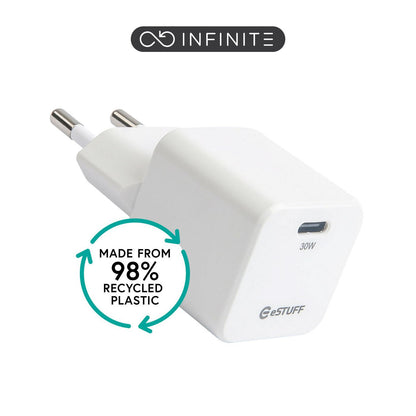 eSTUFF ES637027 30W USB-C PD GaN Charger – White, Recycled rPC, Fast Charge