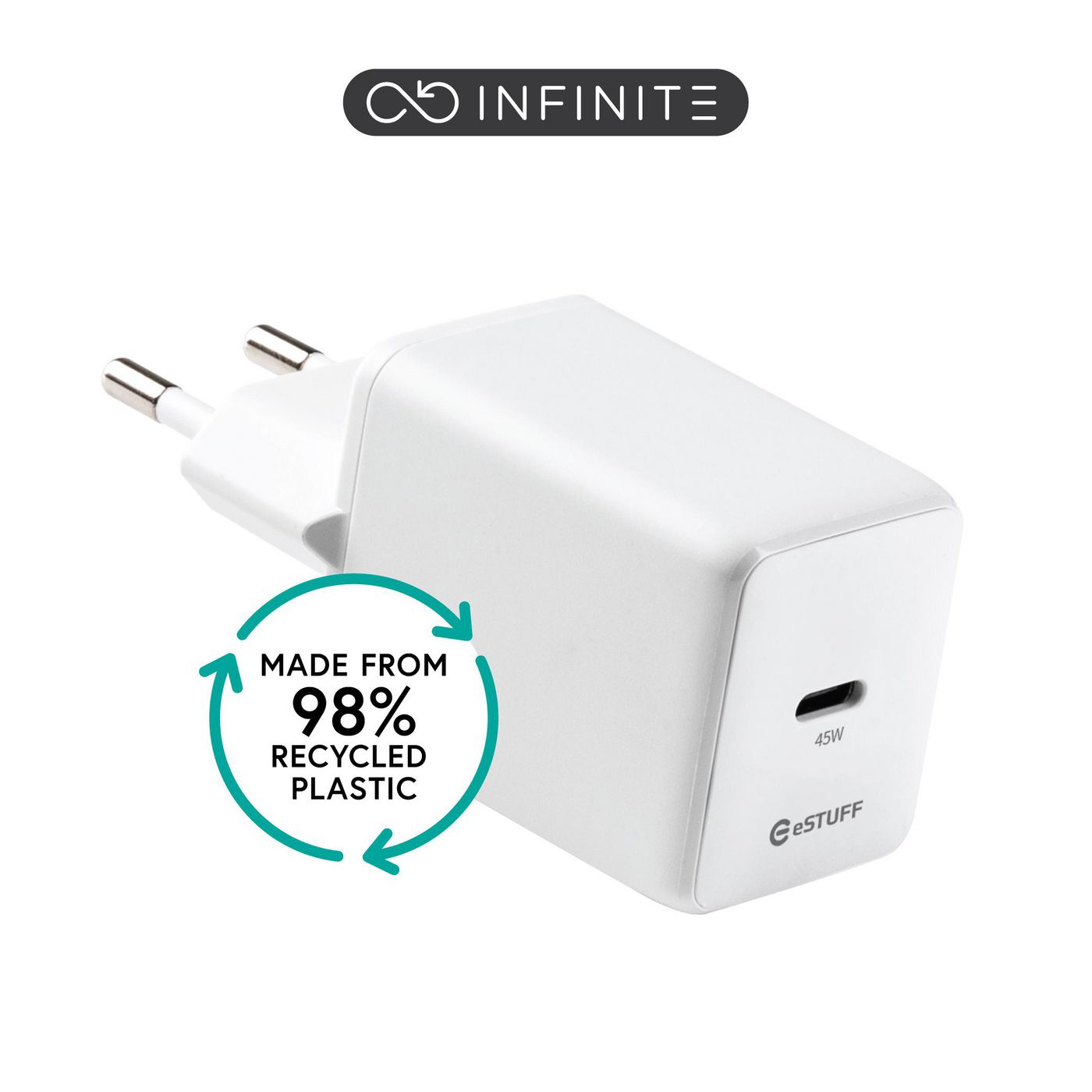 eSTUFF ES637046-BULK USB-C Charger 45W GaN PD EU Plug – White, Recycled Plastic
