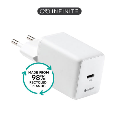 eSTUFF ES637046-BULK USB-C Charger 45W GaN PD EU Plug – White, Recycled Plastic