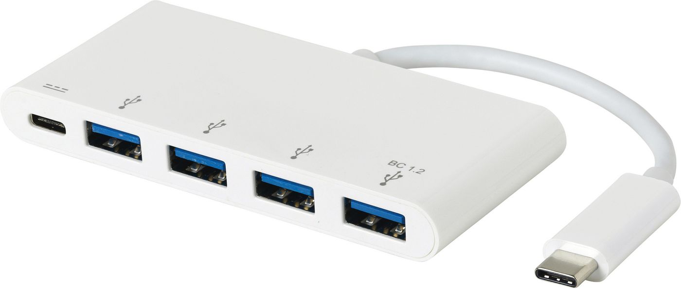 eSTUFF ES623007WH USB-C Hub – 4-Port USB 3.0, 60W Power Delivery, White