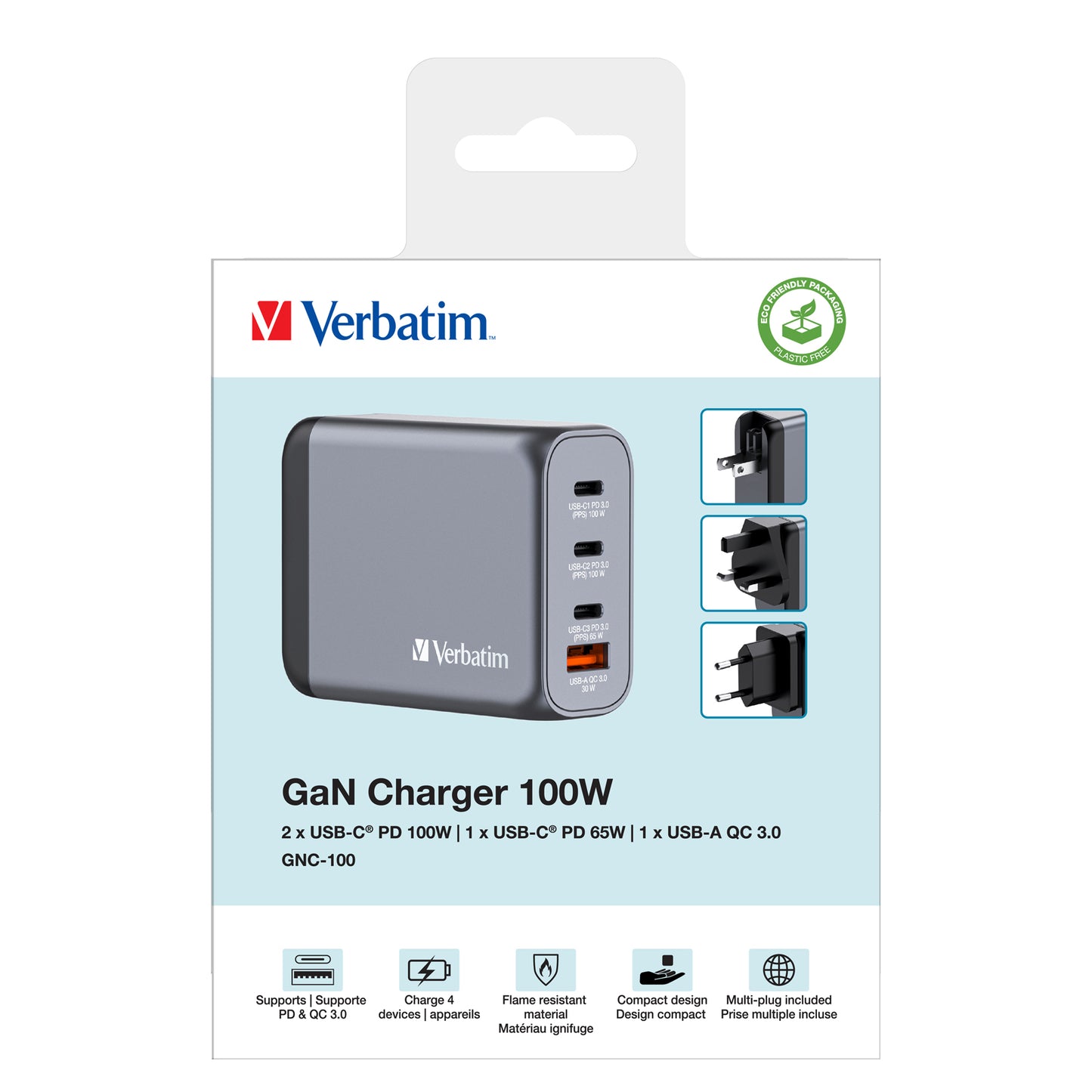 Verbatim 32202 GaN Charger 100W 4-Port USB-C/A Fast Wall Adapter