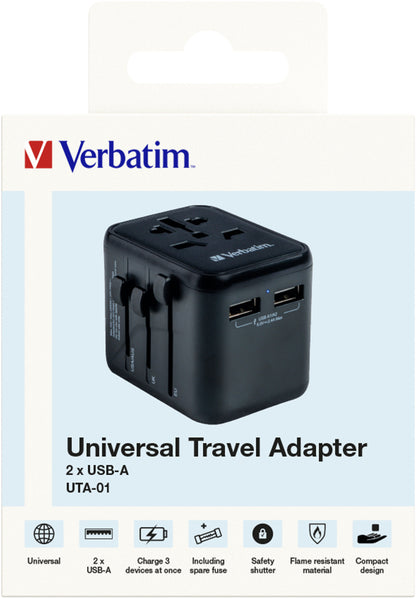 Verbatim 49543 Universal Travel Adapter – Power Plug Adapter 2x USB-A 12W Black