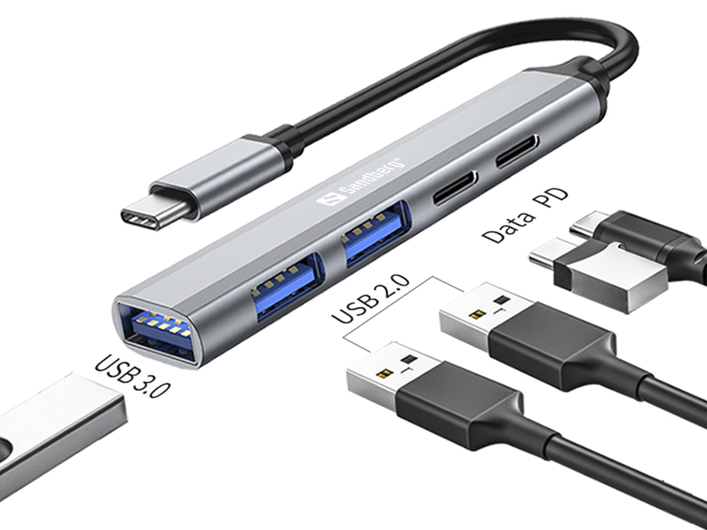 Sandberg 336-50 USB-C to 3xUSB-A + 2xUSB-C Hub – 5-Port Aluminium, 65W PD