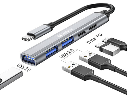 Sandberg 336-50 USB-C to 3xUSB-A + 2xUSB-C Hub – 5-Port Aluminium, 65W PD