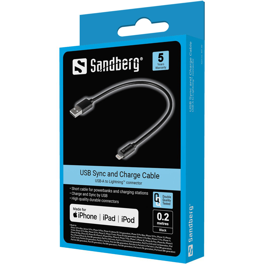 Sandberg 441-40 USB Lightning Cable 0.2m Black – MFI Certified, USB A to Lightning