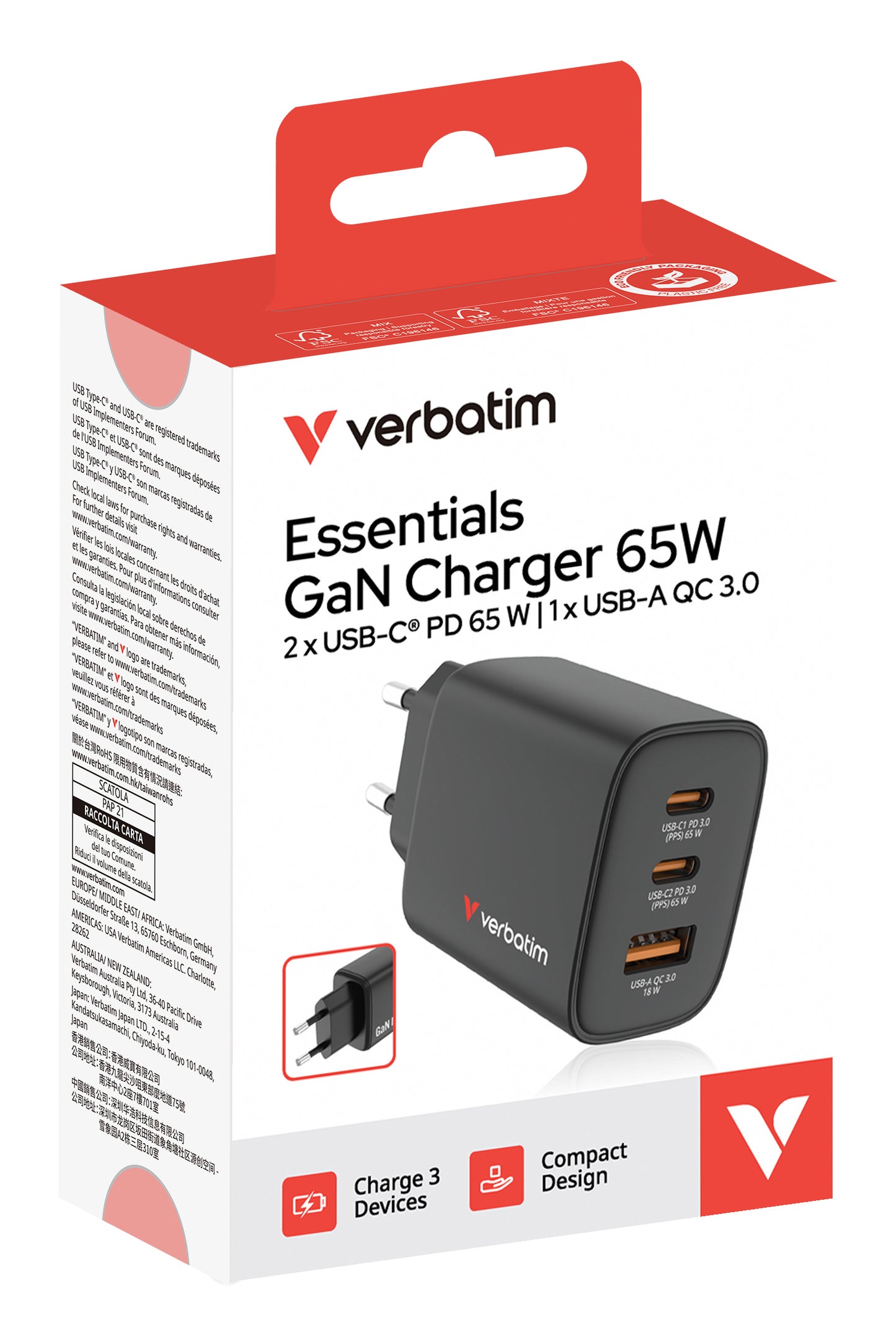 Verbatim 32352 GaN Charger 65W EU Plug Black – USB-C & USB-A Fast Charging